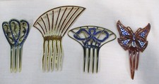 Lot of 4 Victorian Celluloid Hair Combs with Red or Blue Rhinestones