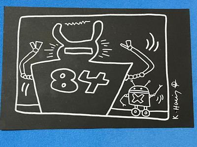 keith haring drawing and painting on old paper signed stamped vintage