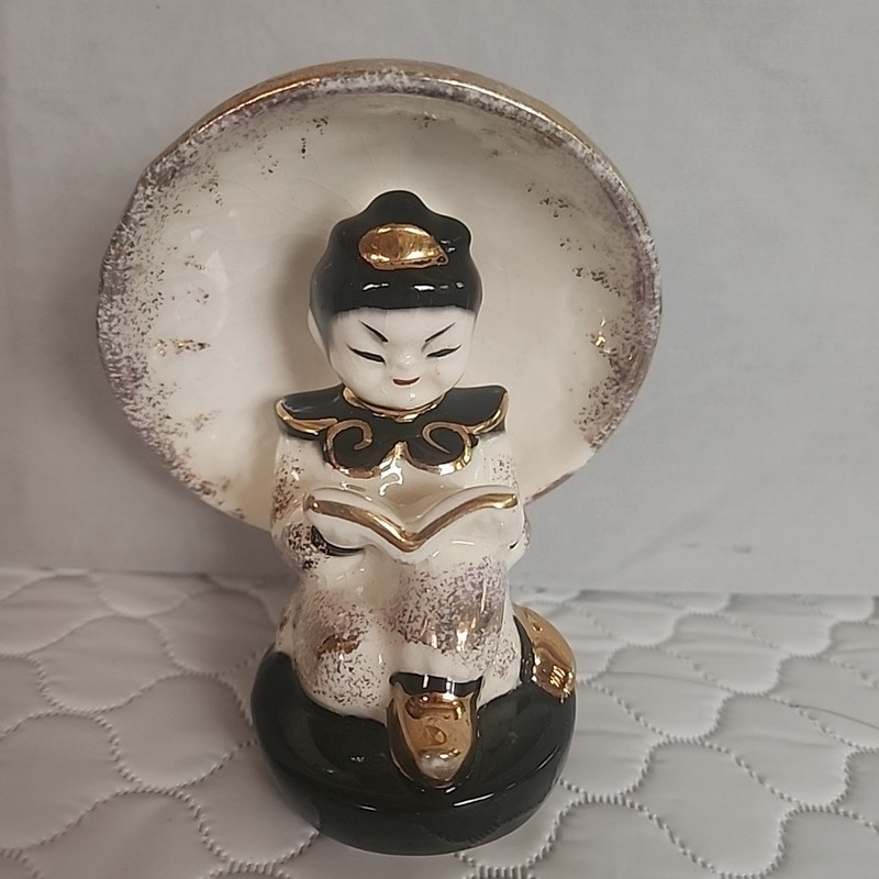 Vintage Ceramic Asian Boy Reading Book Gold Accents 4.25"