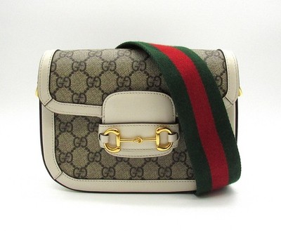 Gucci Horsebit 1955 GG Small Shoulder Bag Beige White Gold HW w/ Web Strap