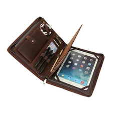 Leather Portfolio Organizer with Zipper for Men Women,Vintage Full Grain Leat...