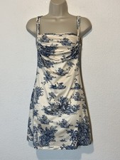 New Cider XS Blue White Toile Mini Dress Draped Neck Ruched Side Regency Coquett