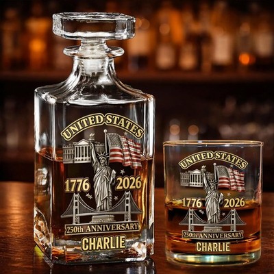Custom Statue of Liberty 1776-2026 USA 250th Anniversary Whiskey Decanter Set