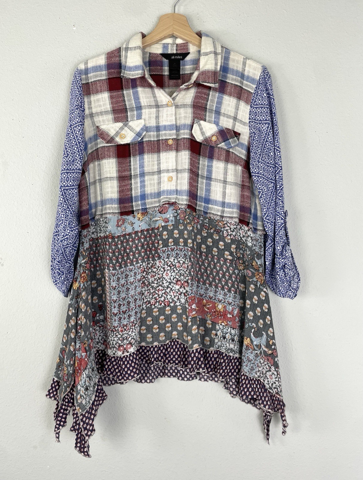 Ali Miles Patchwork Plaid Floral Button Front Shi… - image 1