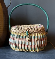Vtg 1960s Wicker Basket Purse Scoubidou Vinyl Handbag Hong Kong Mid Century Mod