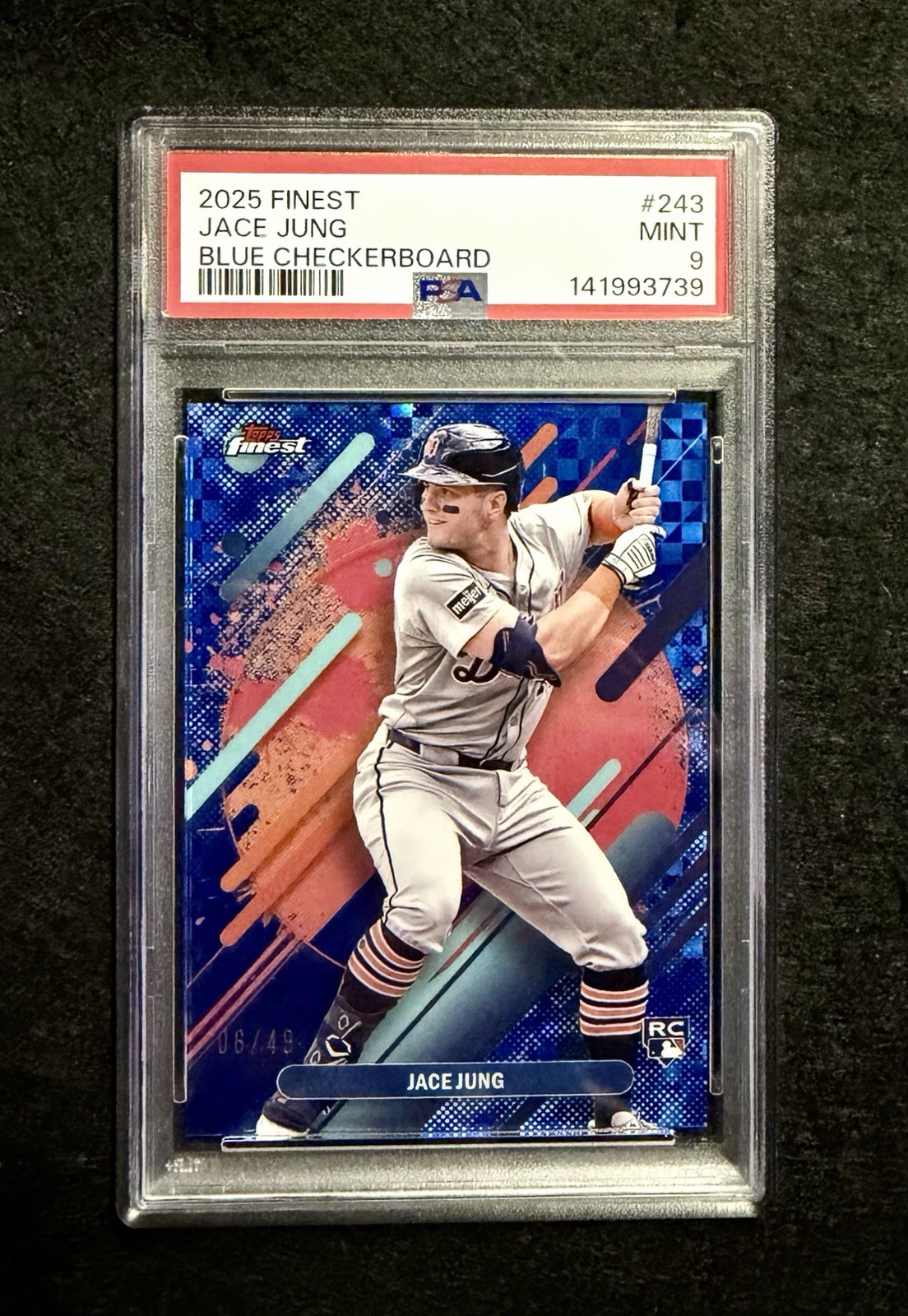 2025 Topps Finest - Jace Jung #243 Blue Checkerboard Refractor /49 (RC) - PSA 9
