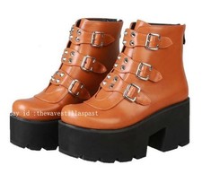 Women Chunky High Heels Platform Buckle Punk Gothic Ankle Boots Shoes