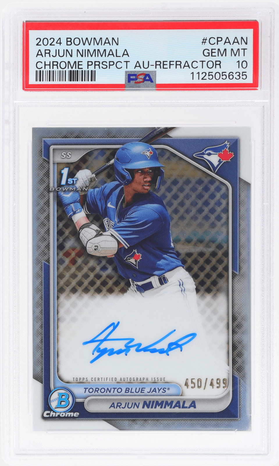 2024 Bowman Chrome Arjun Nimmala Prospect Auto Refractor #CPAAN /499 PSA 10
