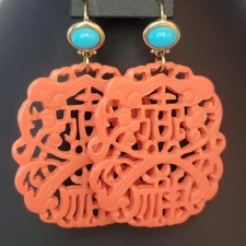 Kenneth Jay Lane Faux Turquoise Top with Carved Resin Coral Dangle Earrings EUC