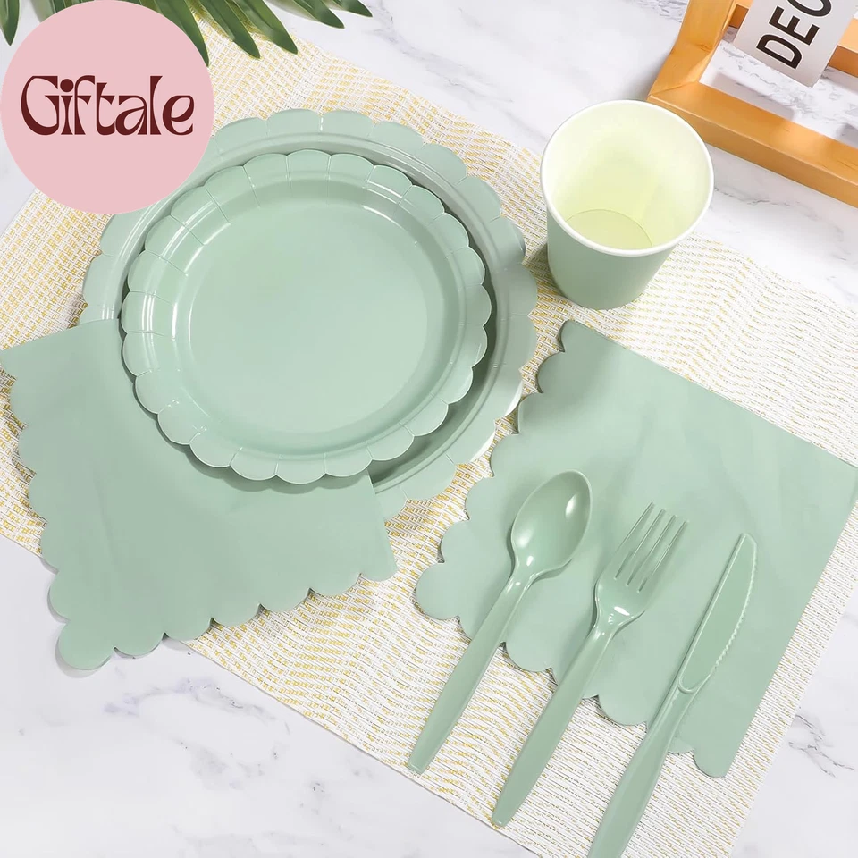 350 peças pratos e guardanapos de papel verde sálvia, suprimentos para festa verde sálvia incluem G - Imagem 4 de 4