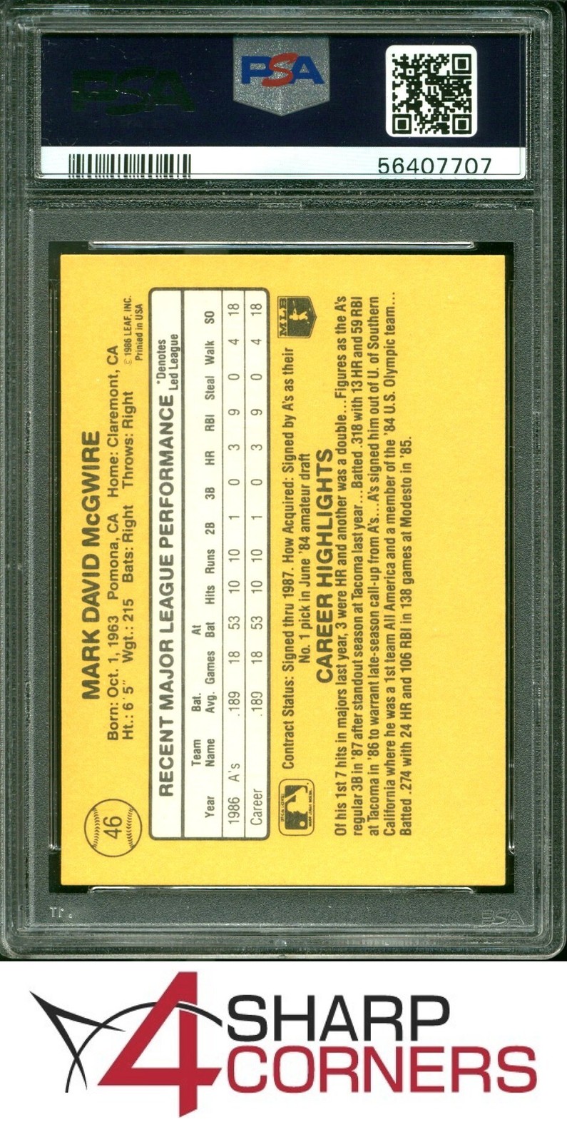 1987 DONRUSS #46 MARK McGWIRE RATED ROOKIE ATHLETICS PSA 10 view 2