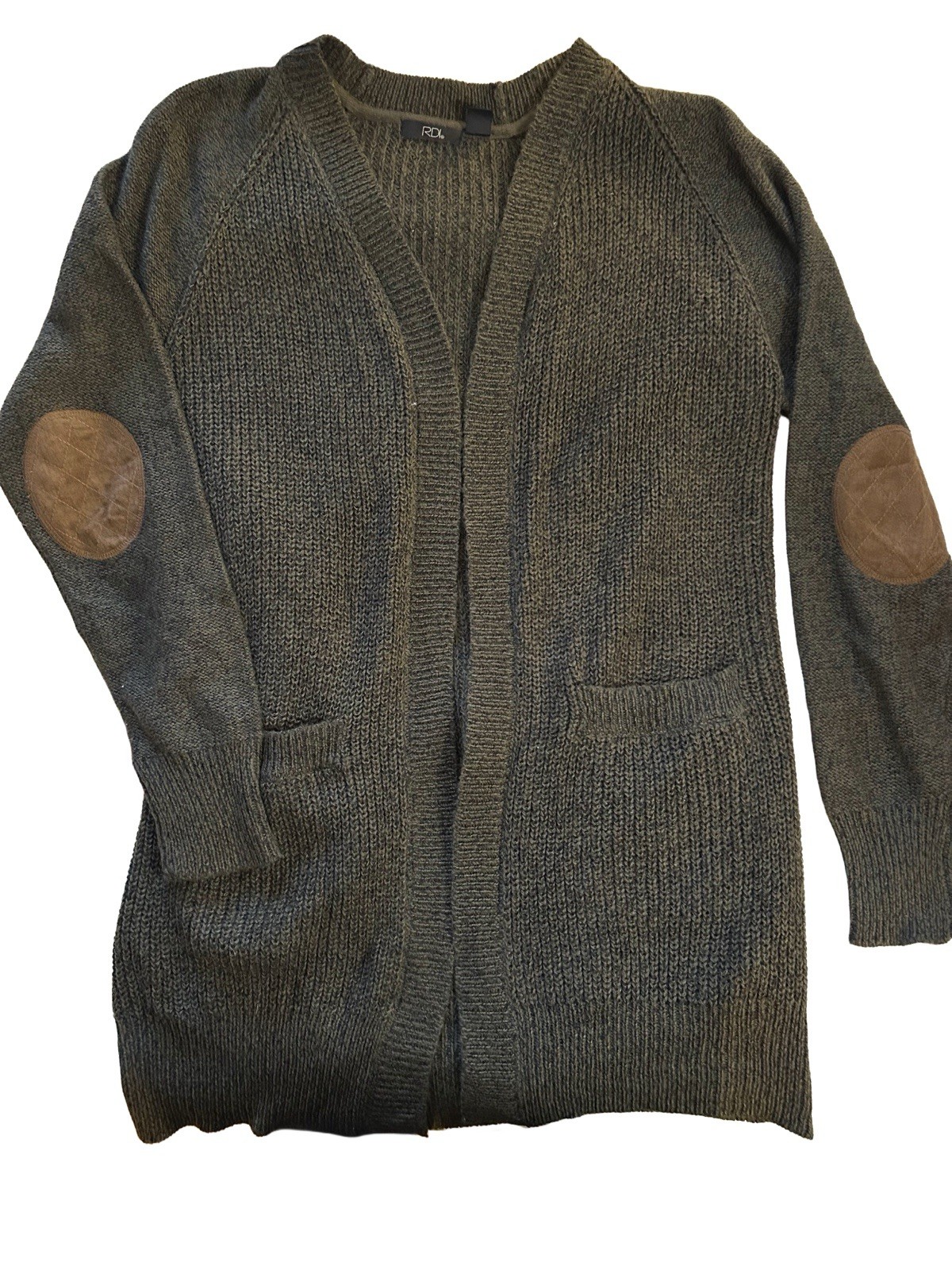 RDI Women’s Hunter Green Cardigan With Tan Elbow Patches Size Large