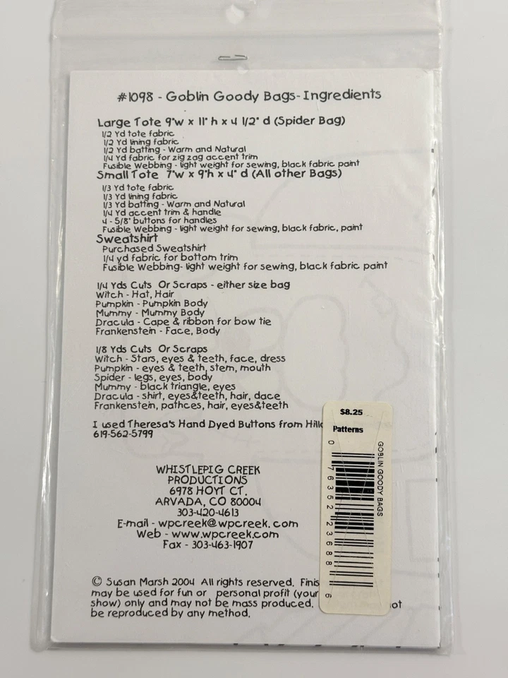 Whistlepig Creek Productions Goblin's Goody Bags & Shirts Sewing Pattern - Image 2 of 3