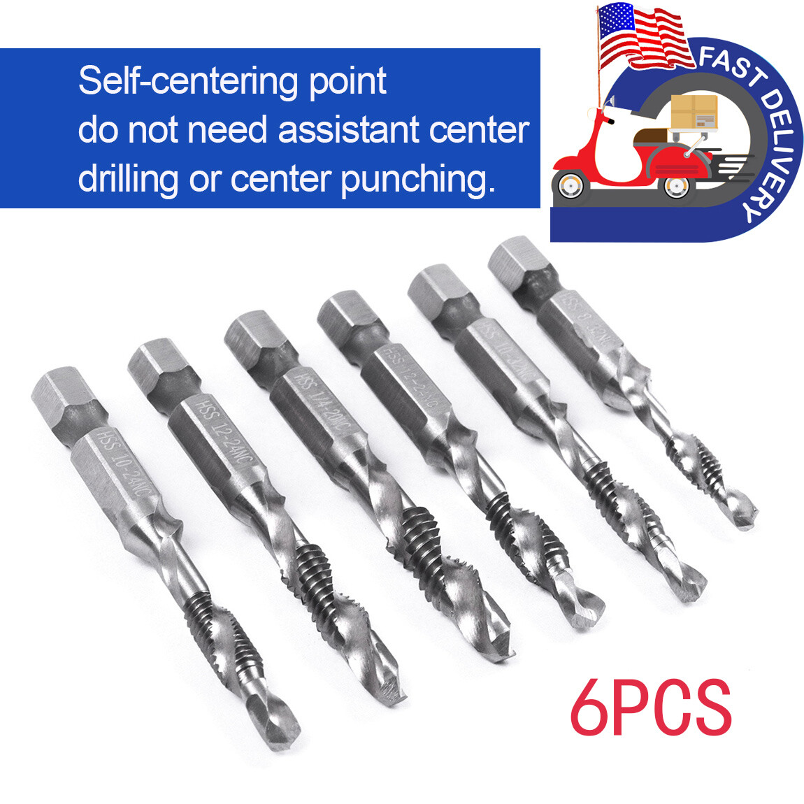 6pcs 1/4 SAE Drill Tap Combination Bit Set Deburr Countersink Hex Bit