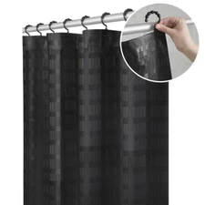 Maytex Fabric Madison Smart Shower Curtain Attached Roller Glide Hooks BLACK