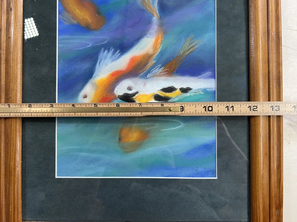 "Pintura pastel original jardín de peces koi enmarcada firmada por Sally Heald 13x17""" Foto 3 de 4