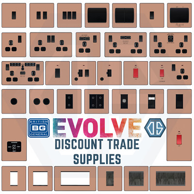 BG Evolve poliertes Kupfer schraubenlose Schalter & Steckdosen schwarze Einsätze Vollsortiment