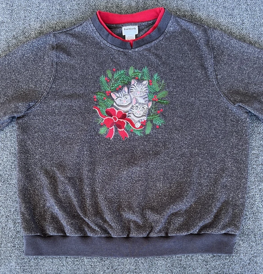 Sudadera Bon Worth Grandmacore Gris Navidad Gatos Bordada Cuello Redondo Foto 2 de 4