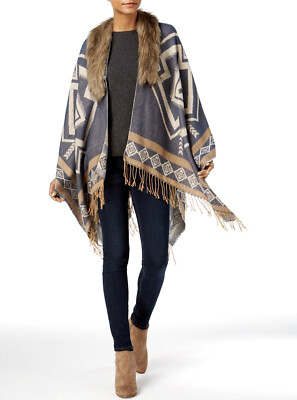 New Women's Marcus Adler Faux Fur Collar Southwestern Printed Cape Denim Blue 