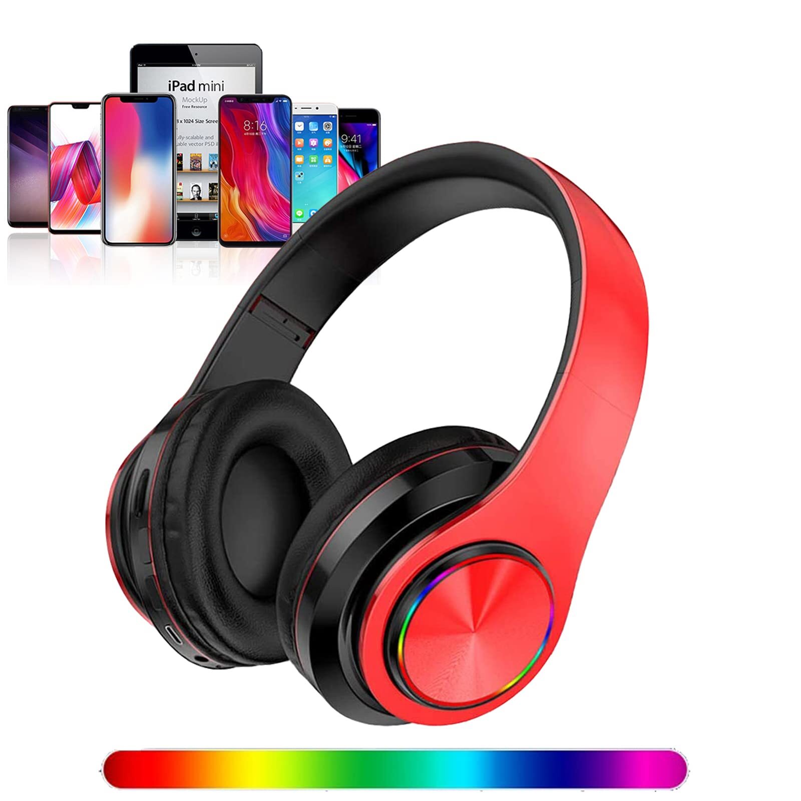 Bluetooth Over-Ear Headphones with Colorful LED Lights & Deep Bass for Immersive Sound