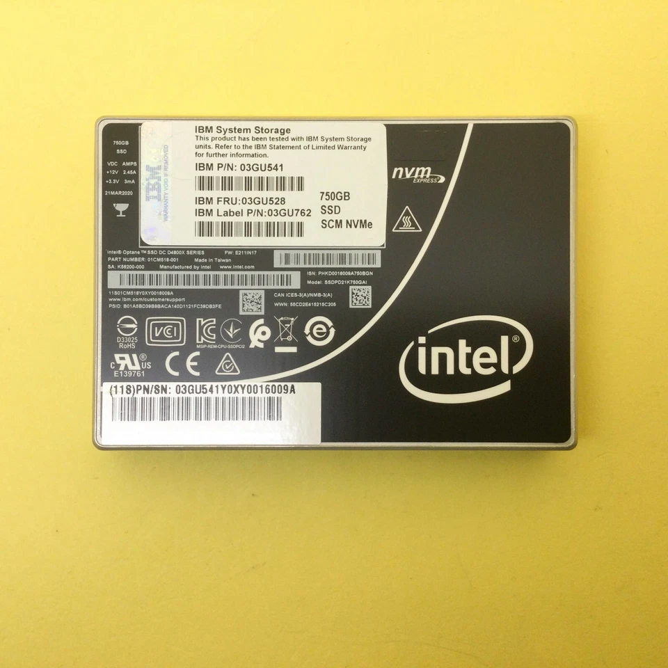 IBM Intel Optane D4800X Series 750GB PCIe 2x2 NVMe 2.5in U.2 SSD SSDPD21K750GAI Foto 2 de 3
