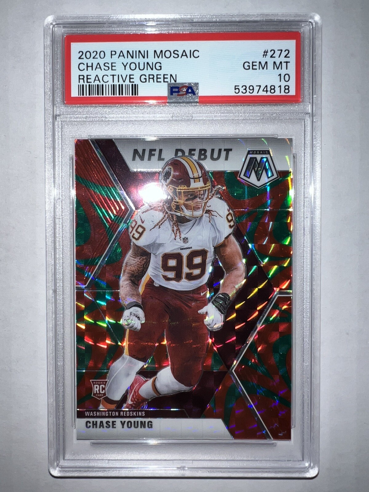 Mosaic 2020 WFT Redskins Chase Young Reactive Green Rookie Card *GEM MINT PSA 10