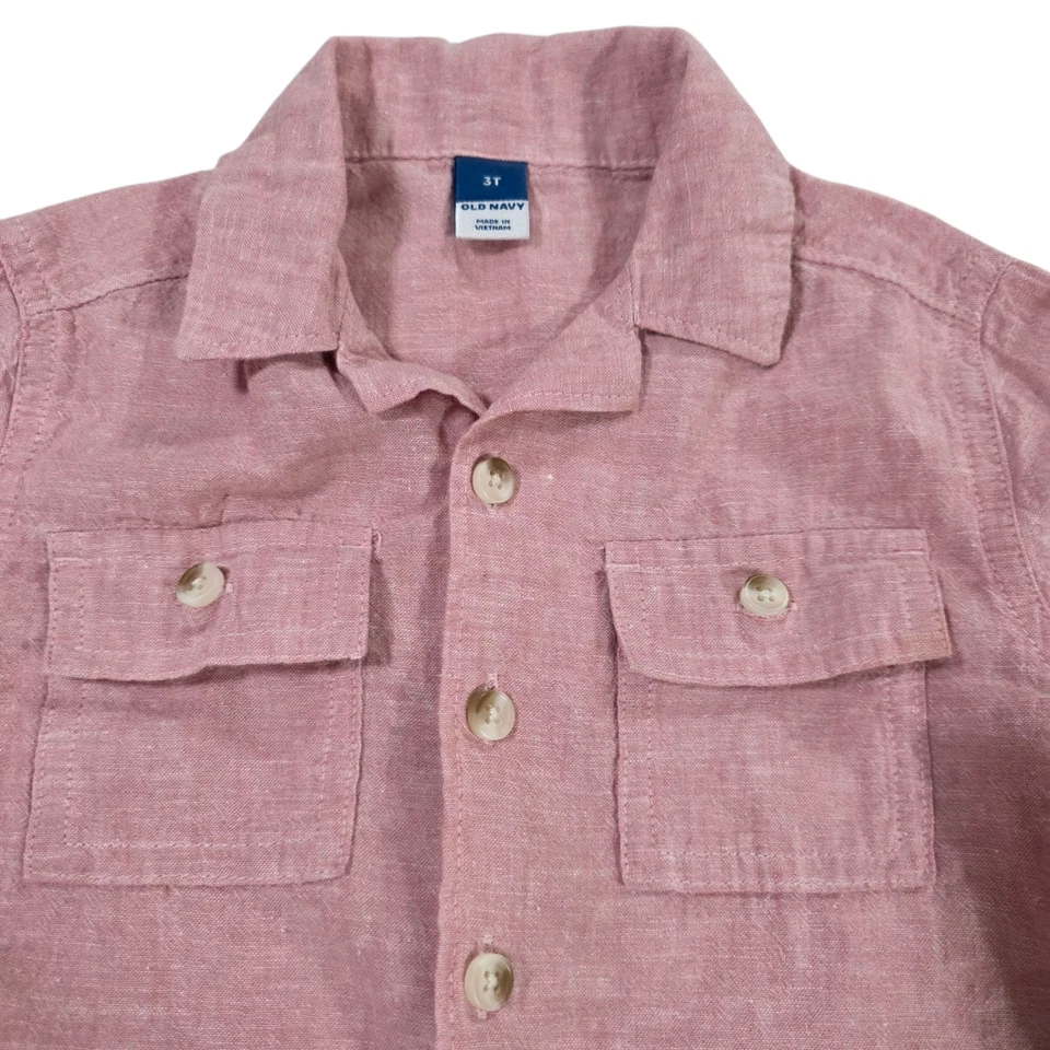 Old Navy Button Up Shirt Toddlers 3T Red Short Sleeve Linen Blend Woven Casual - Image 3 of 4