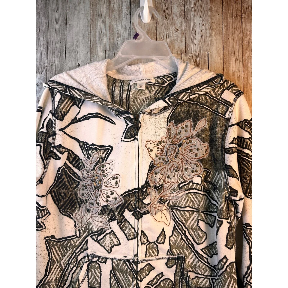 Sudadera Coldwater Creek Mujer M Blanca Marrón Floral Embellecida Con Cuentas Foto 3 de 4