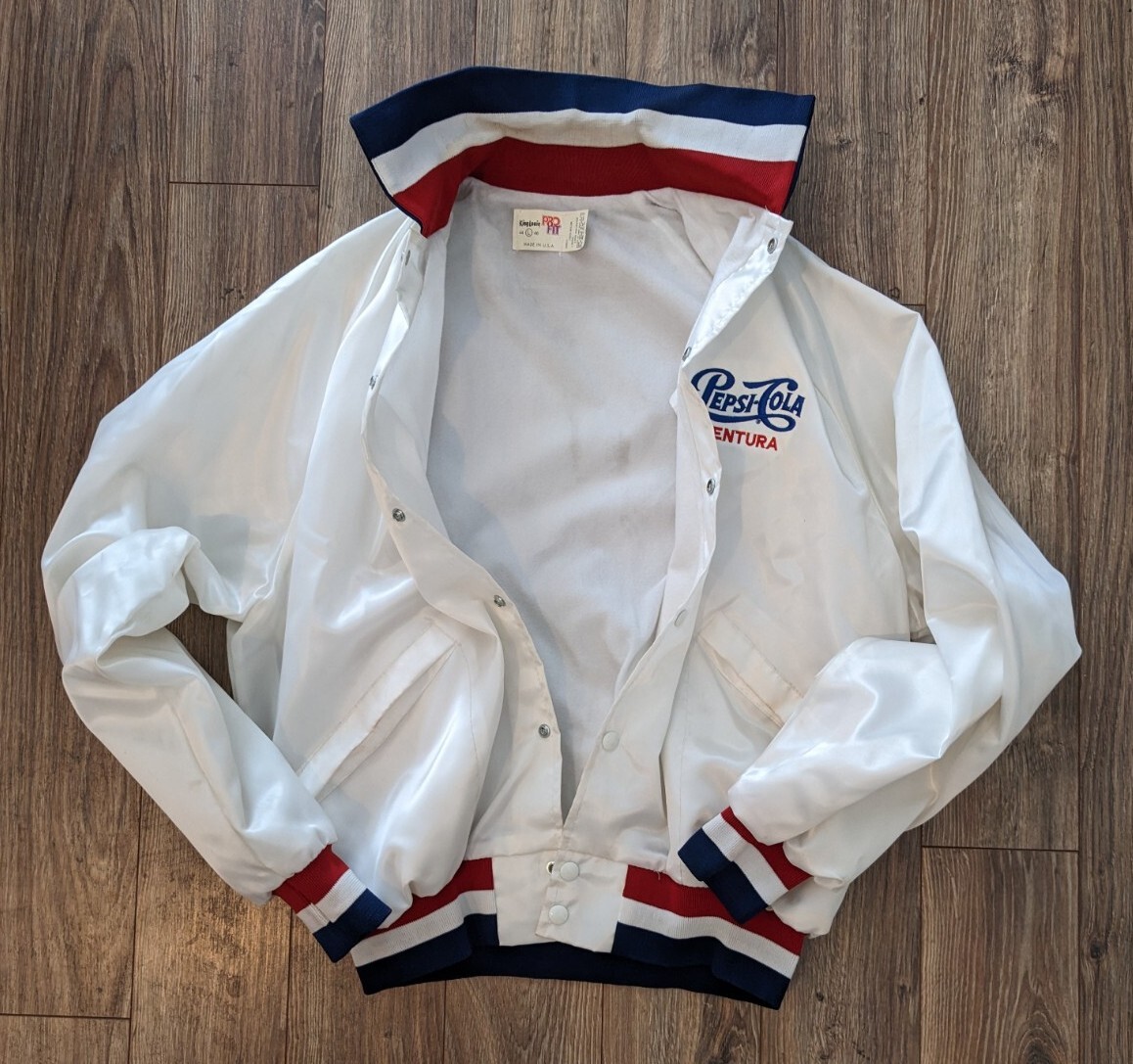 VTG 80s Pepsi Cola Jacket Ventura White Embroidered Satin