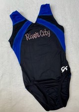 GK ELITE Leotard GYMNASTICS Black Blue RIVER CITY Swarovski RHINESTONES Mesh AXS