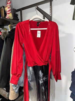 Windsor Red Wrap V-Neck Tie Blouse, Long Sleeve Stretch Knit, Women M
