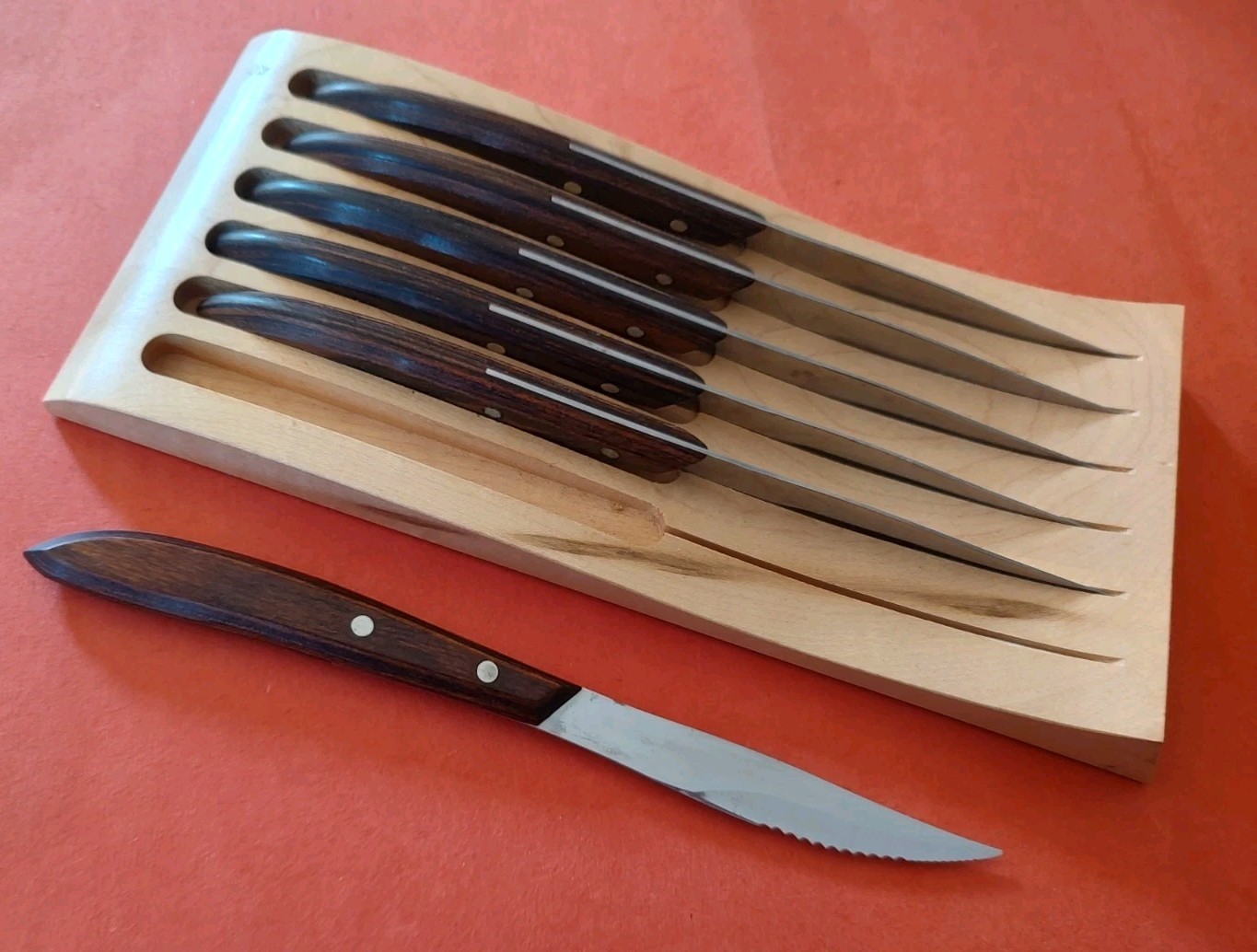 6 Russell Serrated Steak Knives Rosewood Handle USA MCM Rack Orig Box Dexter