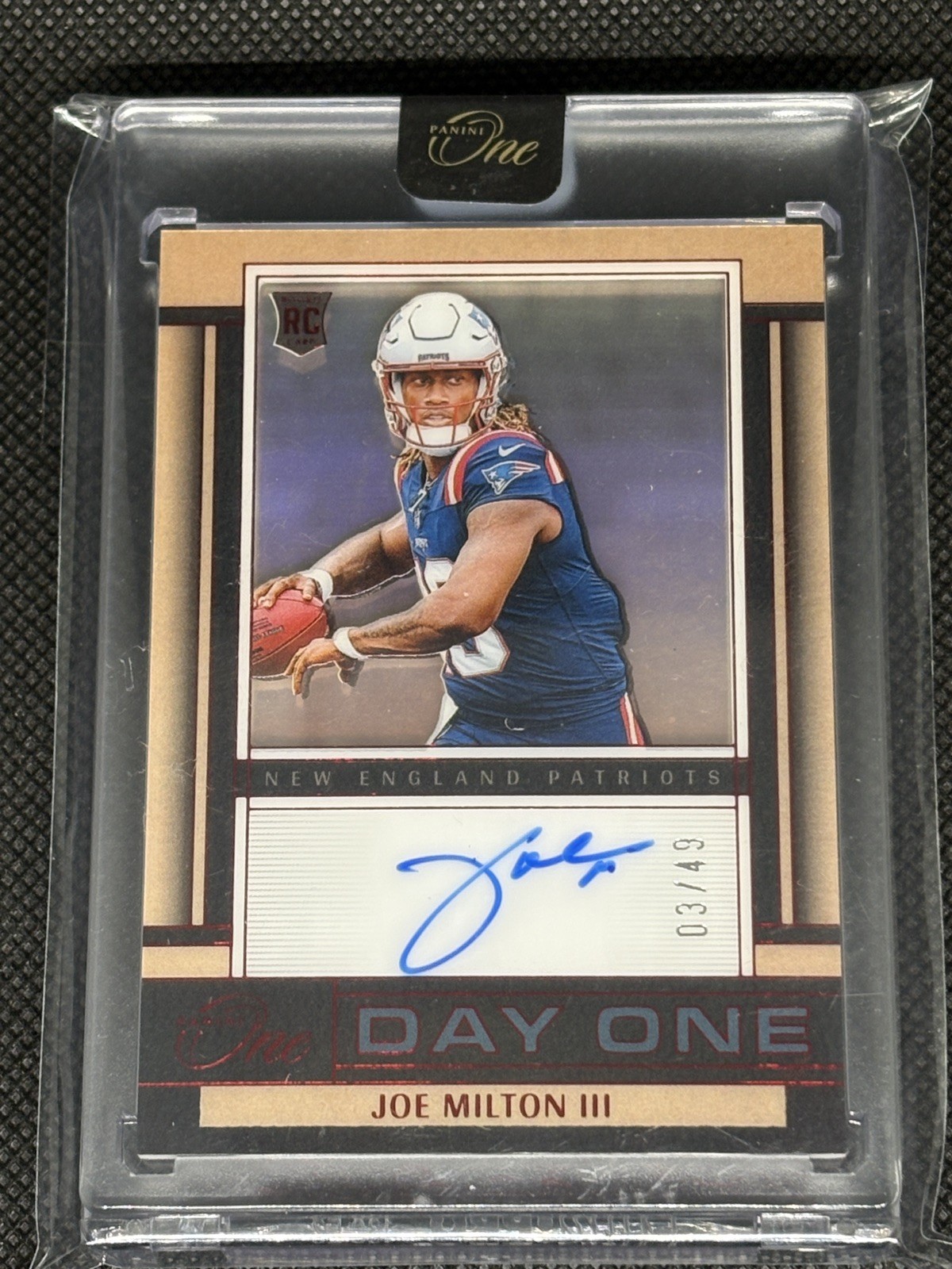 2024 Panini One NFL- Joe Milton III Day One Red /49 On Card Auto Patriots Rookie