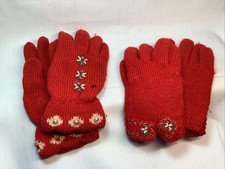 Lot 2 Pair 1950s MCM Red Wool Little Girl Knit Gloves w/Faux Pearl Accents X28