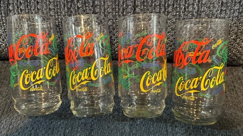 4 Vintage Coca Cola Logo Rainbow Script Drinking Glass 5 3/4” Tall