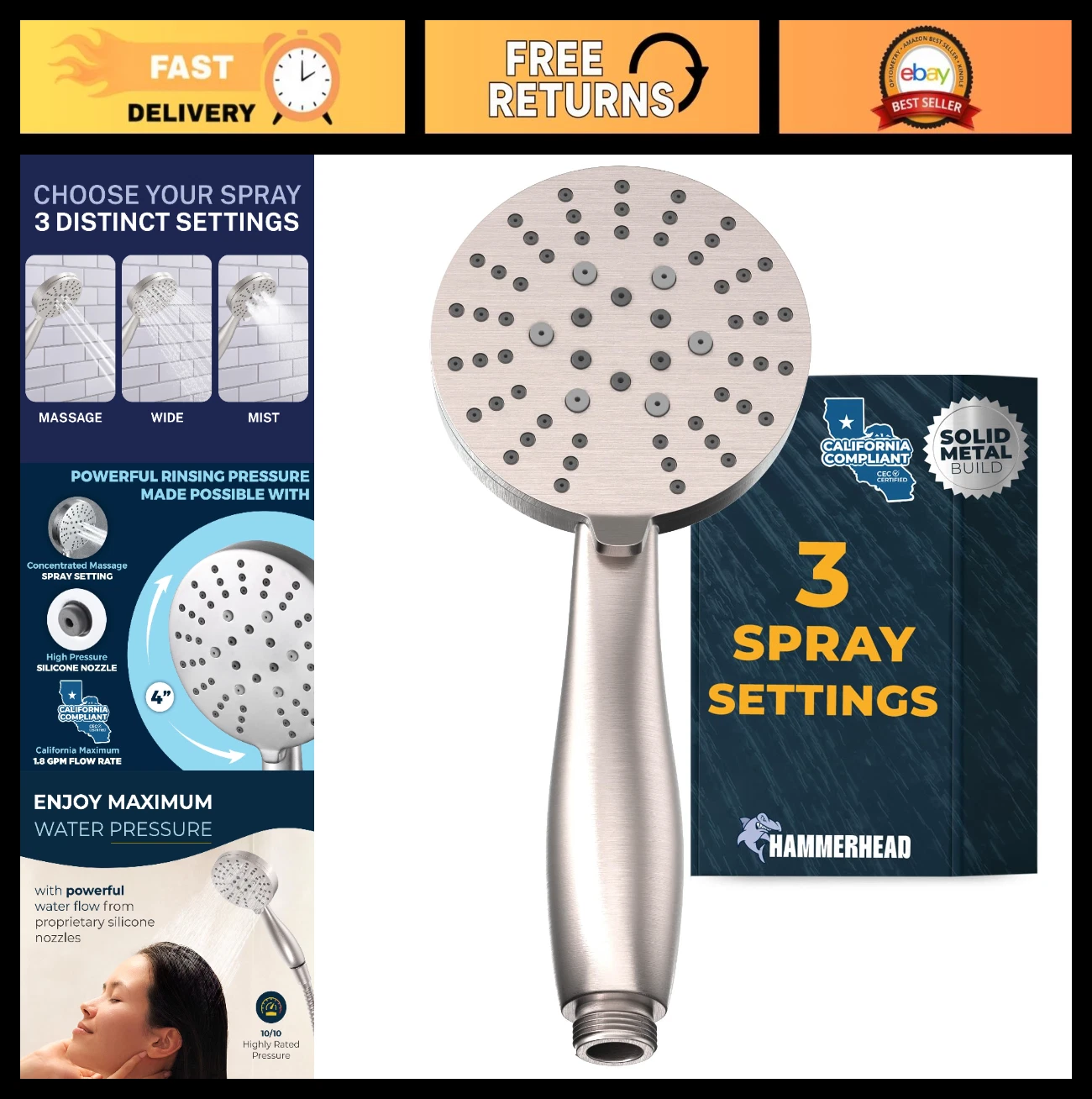 3-Spray Handheld Shower Head - Solid Metal, Brushed Nickel, Low Flow 1.75 GPM, 3