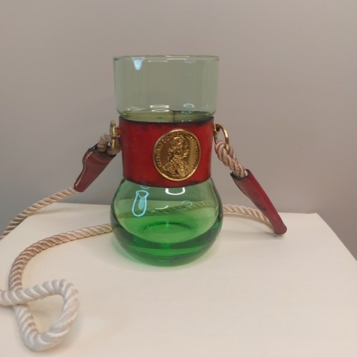 Vntg Blown Green Glass Leather Hands Free Cocktail Beer Tumbler Lanyard w/Image - Picture 1 of 8