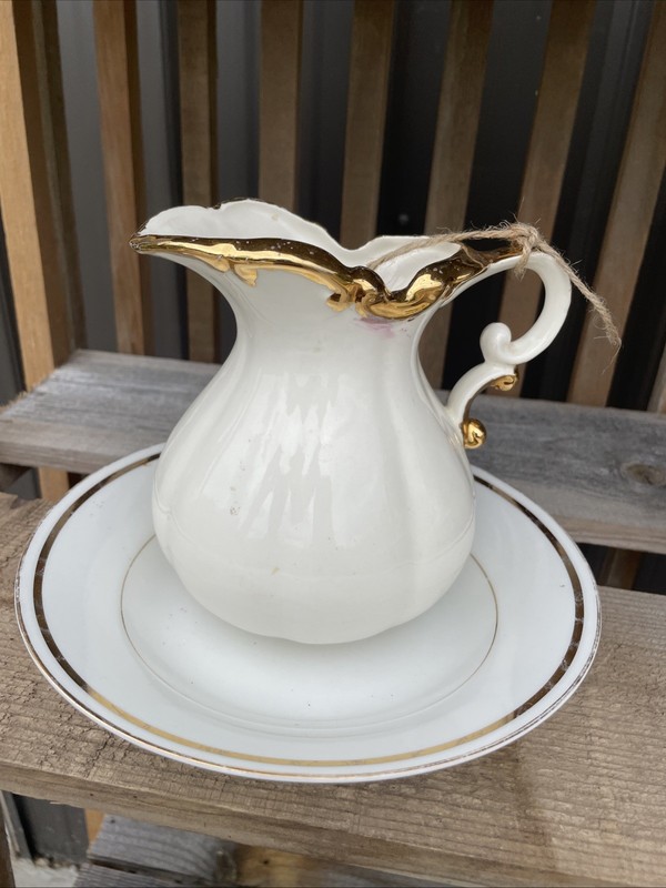 VTG Pitcher/Plate White With Gold Tone Trim  Nice Piece