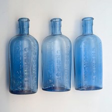 3x Antique Cornflower Blue Glass Bottles WOODWARD CHEMIST NOTTINGHAM 