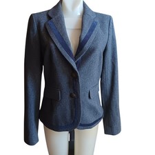 Size 4 Ann Taylor Loft Womens Gray Blazer W/ Navy Trim Button Front