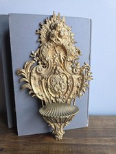 Vintage Brass Holy Water Font Angels Cherubs Cross Intricate Gilt Clamshell