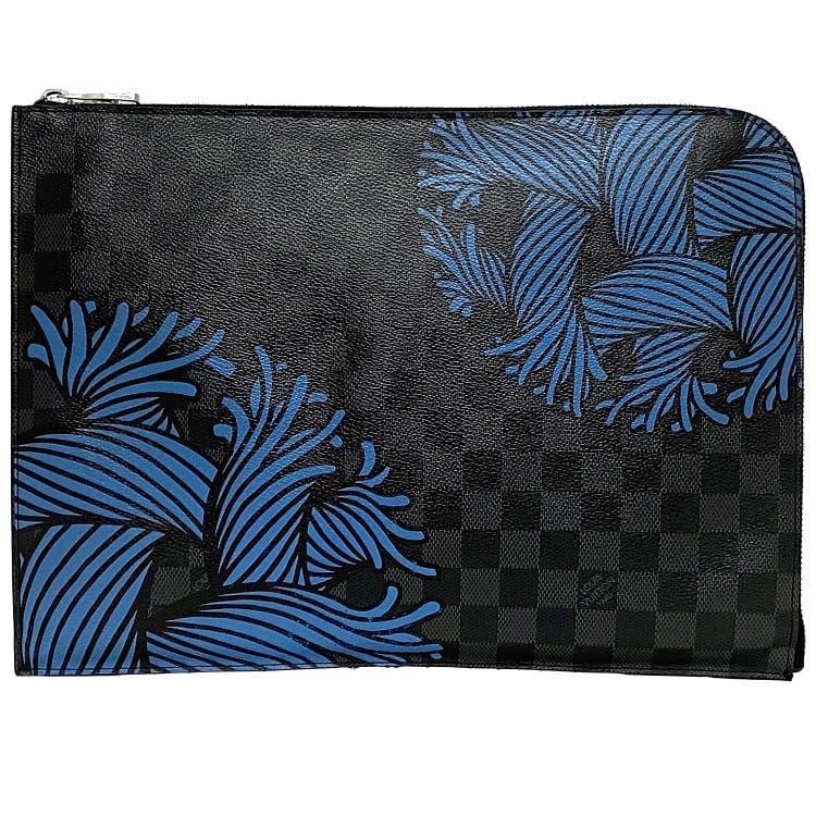 Louis Vuitton Clutch Bag Pochette Jour GM Black Gray Blue Damier Graphite Rope N