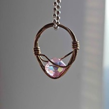 Handmade Wire Wrapped Pink Crystal Pendant Ne...