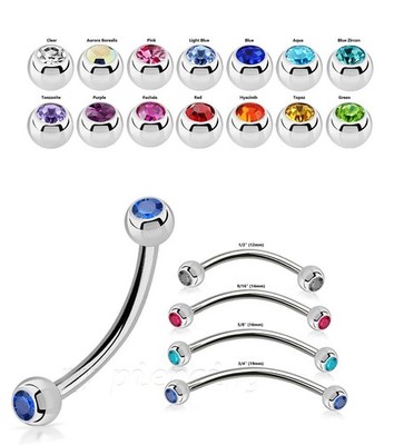 PAIR 14g Double Gem Surgical Steel Curved Barbell Nipple Ring Barbells
