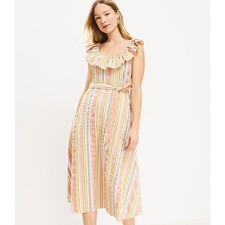 NEW Ann Taylor LOFT Striped Ruffle Scoop Neck Midi Dress Womens Size 8 Multi
