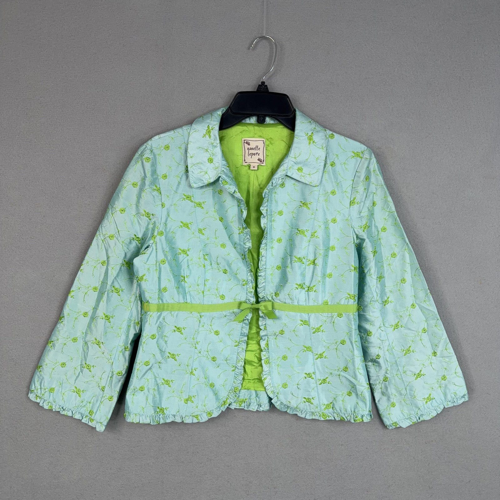 Nanette Lepore Jacket Women 10 Blue Green Floral Silk Ruffle Feminine 90s Luxury