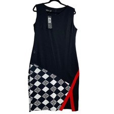 HOMEYEE Women's Dress Size 12 Black Geometric Sleeveless Career Midi