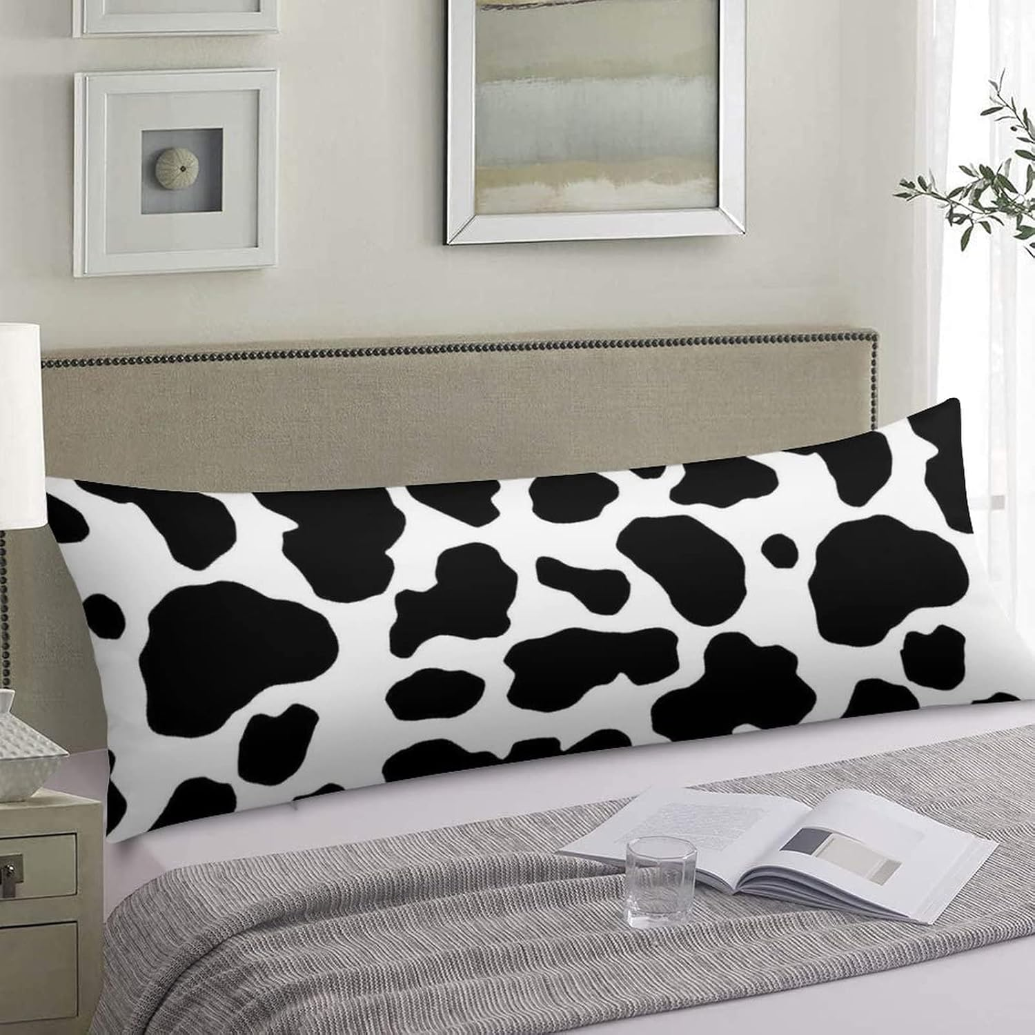20x54 Black and White Cow Print Polyester Body Pillow Cover with Zipper for Stylish Home Deco