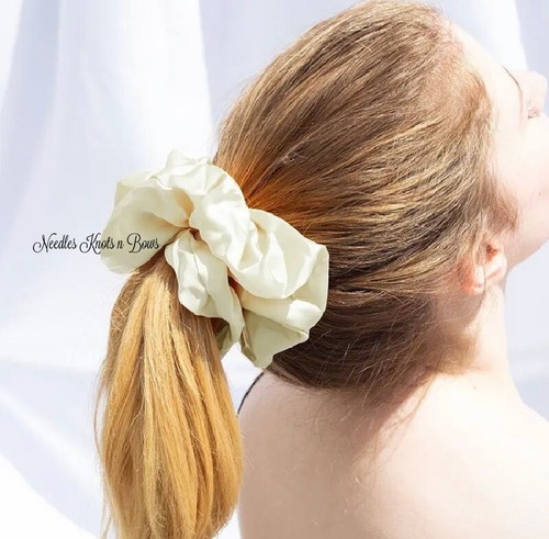 3 Pack Large Oversized Satin Scrunchie Set: Beige, Pink & White Ponytail Holder - Picture 7 of 7