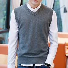 Mens Sleeveless Sweater V-neck Vest Pullover Knitted Jumper Slim Waistcoat Tops